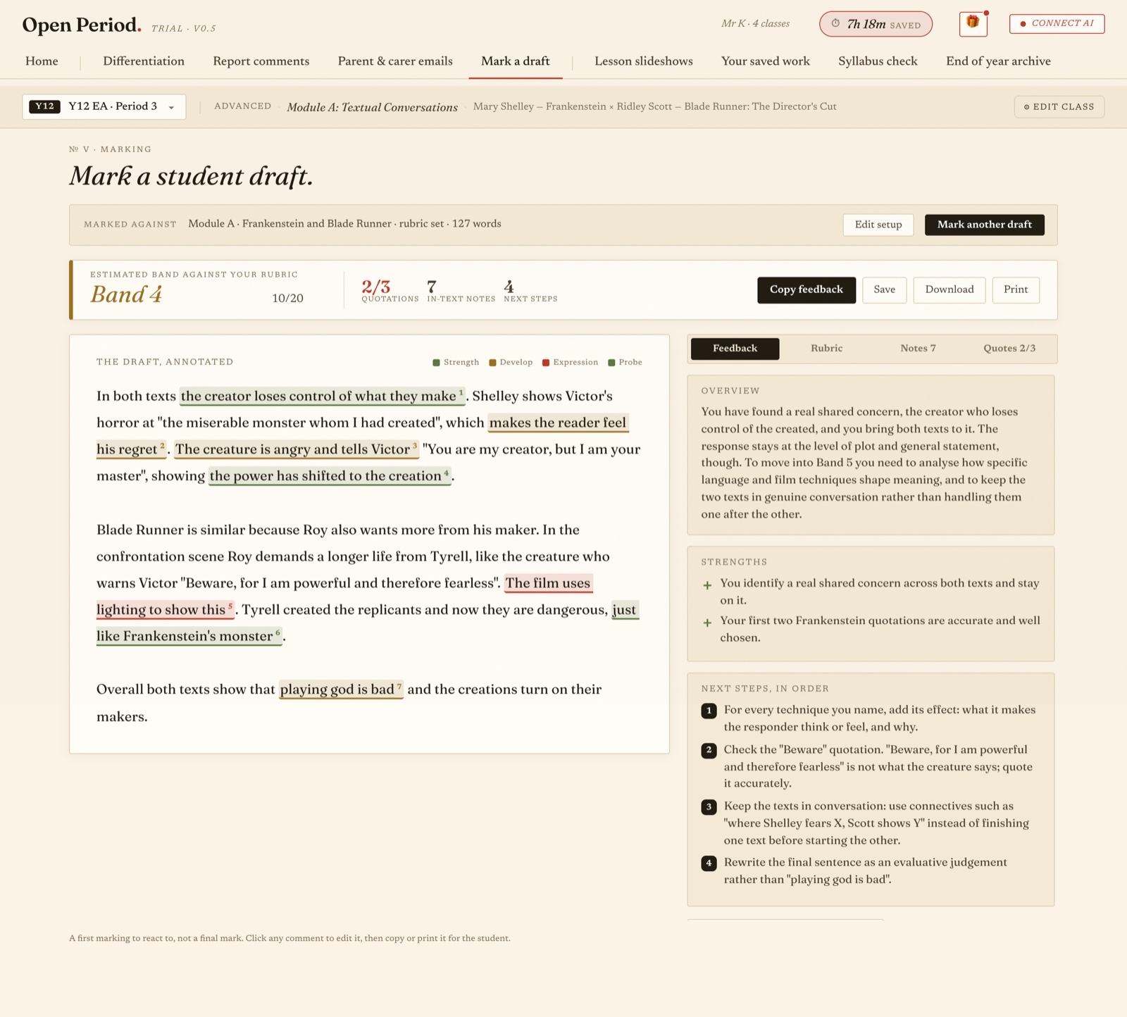 Marking a student draft: an annotated essay beside a feedback panel with overview, strengths and next steps.