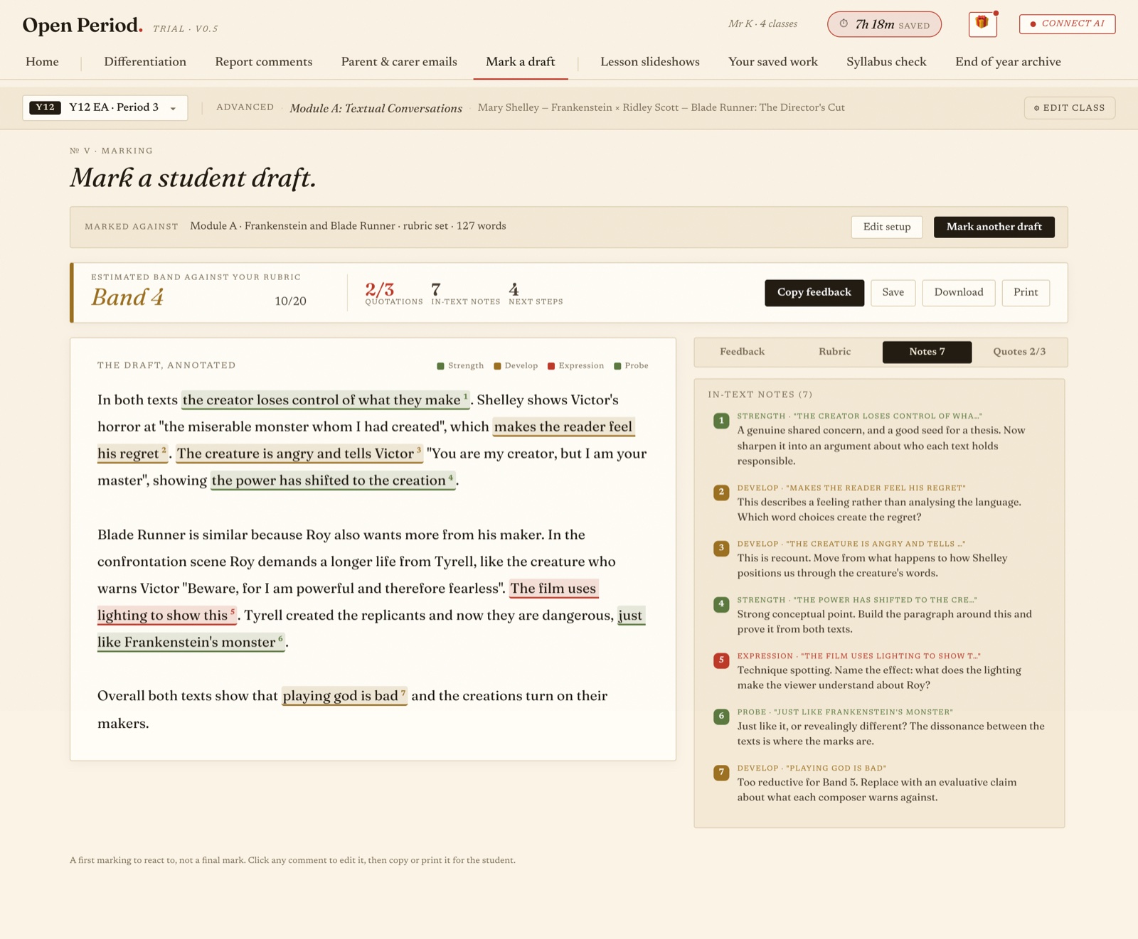 The marked draft showing in-text notes, each linked to a highlighted phrase in the student's writing.