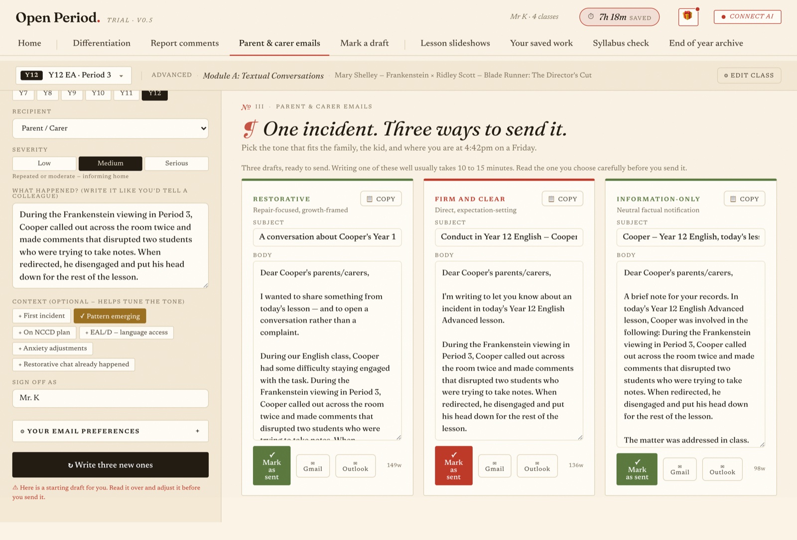A parent email drafted in three tones side by side: restorative, firm and clear, and information-only.