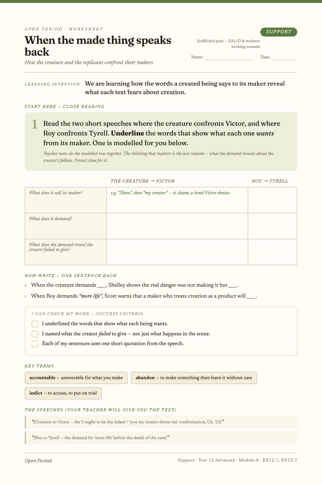A printable Support worksheet: a modelled close-reading table, sentence stems, success criteria and key terms.